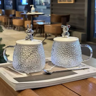    Combo 2 Chiếc   Cốc Thủy Tinh Nắp Gấu Bear Chịu Nhiệt 350ml -Tặng Kèm Thìa Ly Thủy Tinh Chiu Nhiệt Lên Tới 150 Độ 