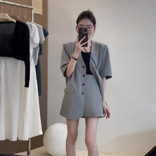 Set Áo Blazer Nữ Cộc Tay Dáng Dài 2 Lớp Phối Chân Váy Ngắn Chữ A, Bộ Vest Nữ Style Hàn Quốc Mùa Hè CheeryFree 25403