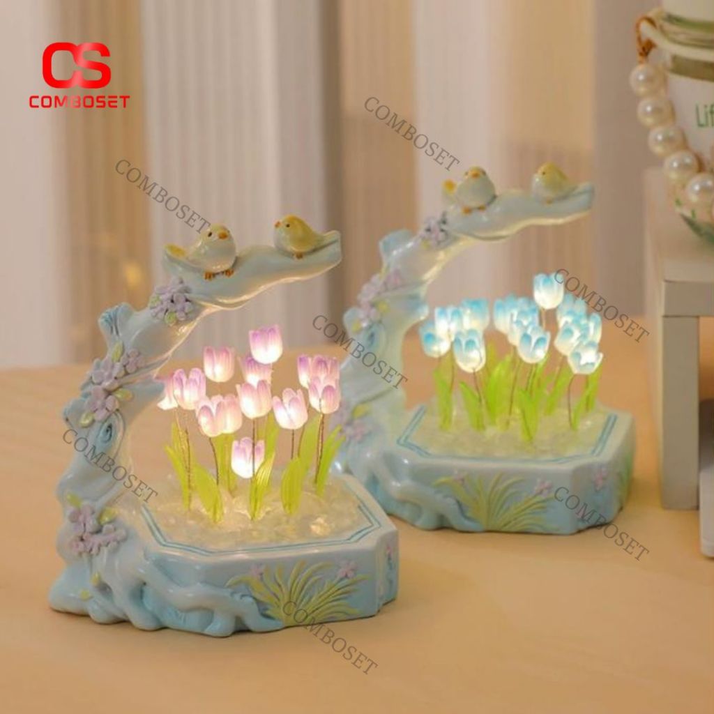 Đèn Bàn Cổ Tích Hoa Tulip Có Chim Decor Phòng Ngủ Phong Cách Thiếu Nữ