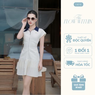 Váy Thiết Kế Nữ YAME Cổ Sơ Mi Phối Khóa Kéo Không Tay Chiết Ly Eo Chân Váy Dập Ly Nhỏ Linen Be Trẻ Trung - Celia YV697