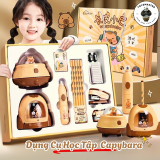 Dụng Cụ Học Tập Capybara Kuromi Pony Gấu Trúc 6 Món Bút Tẩy,Gọt Bút Chì, Máy Hút Bụi Tự Động Chạy Pin Kèm Hộp Quà Tặng