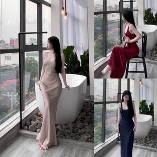 Đầm Lụa Cổ U Dây Mảnh Form Dài,Váy Lụa Hàn Châu 1 Lớp Không Mút,Không Dây Kéo Tôn Dáng