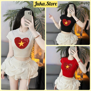 Áo croptop nữ tráu tim sao vàng chất thun bozip ôm dáng bigsize Juka.Store