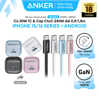 Combo sạc nhanh Anker Zolo 30W [cho iPhone 15/16 series] - Củ 30W 1C & Cáp CtoC 240W - A2698+A8060