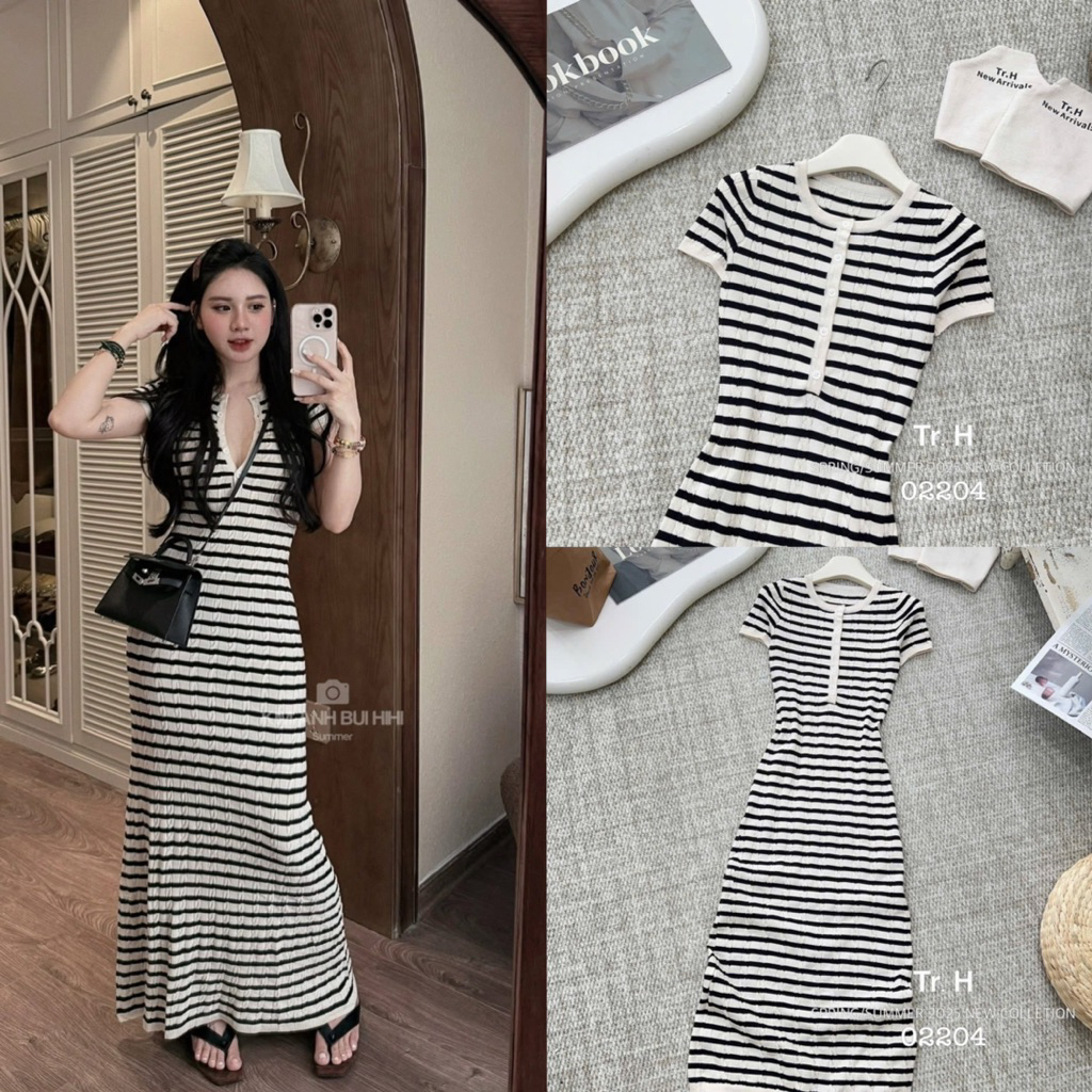 Váy len body cộc tay kẻ ngang dáng dài #02204