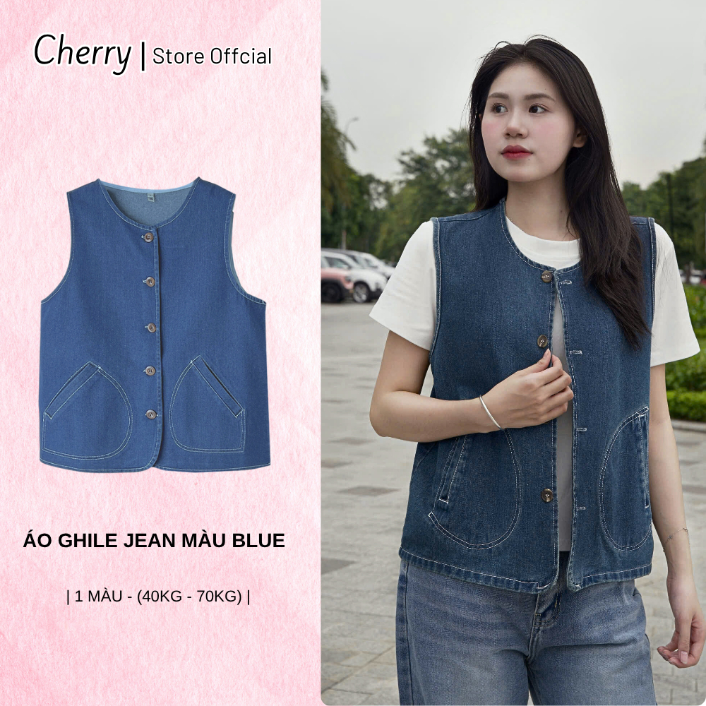 Áo gile jean CHERRY màu blue denim form rộng phong cách trẻ trung năng động cho nữ T144