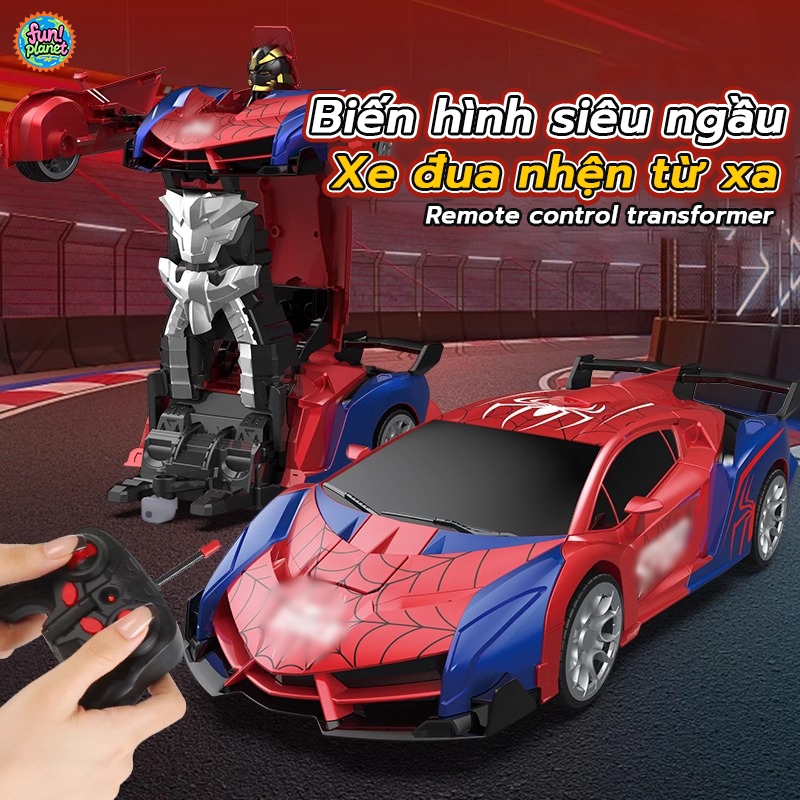 Xe ô tô điều khiển từ xa Spider-Man biến hình Robot, XE RC ĐIỀU KHIỂN 2.4G SIÊU MẠNH, có đèn xoay 360 độ sử dụng pin sạc