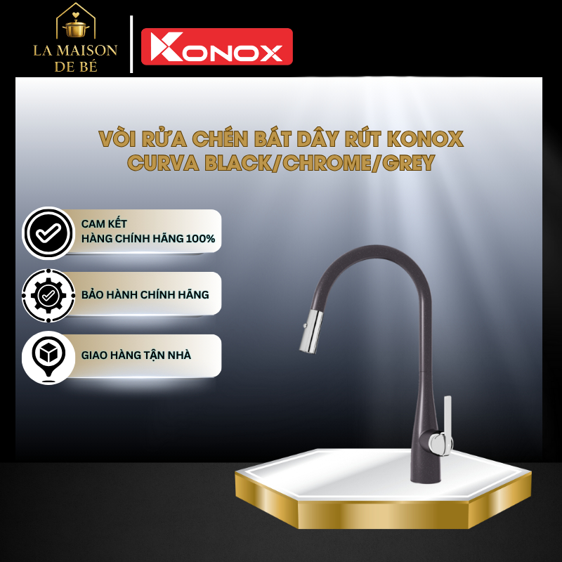 Vòi rửa chén bát dây rút Konox Curva, chức năng nóng lạnh dây rút tiện lợi, chất liệu hợp kim đồng c