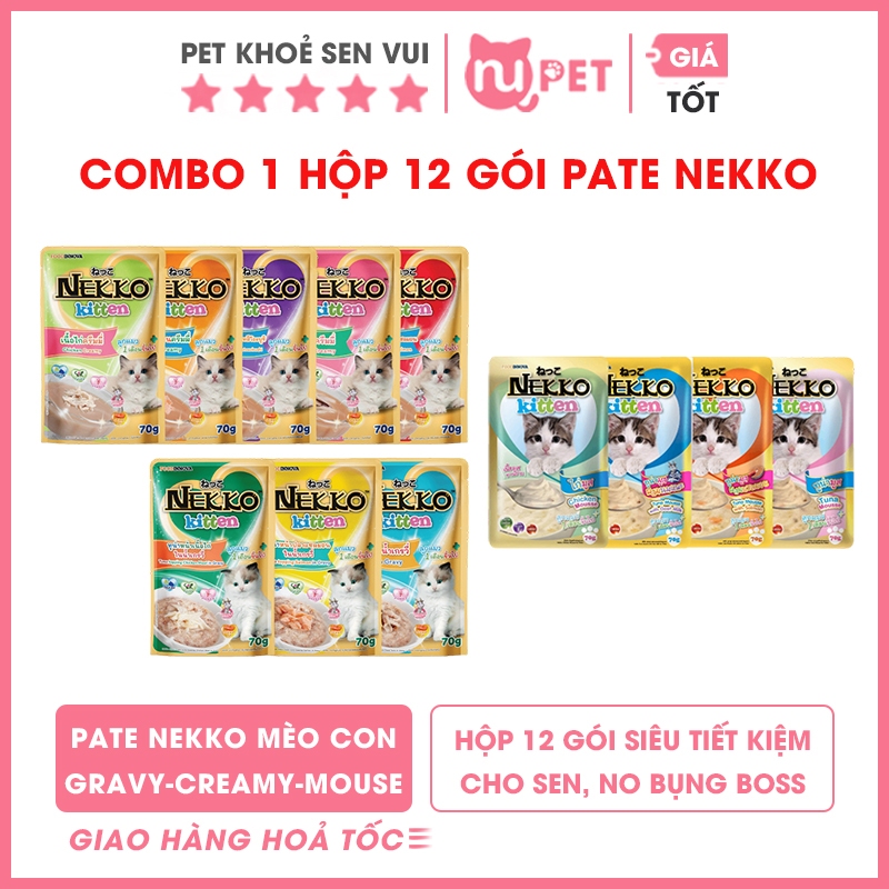 Hộp 12 gói pate Nekko Kitten cho mèo con gói 70g, nhiều loại pate Nekko mèo con