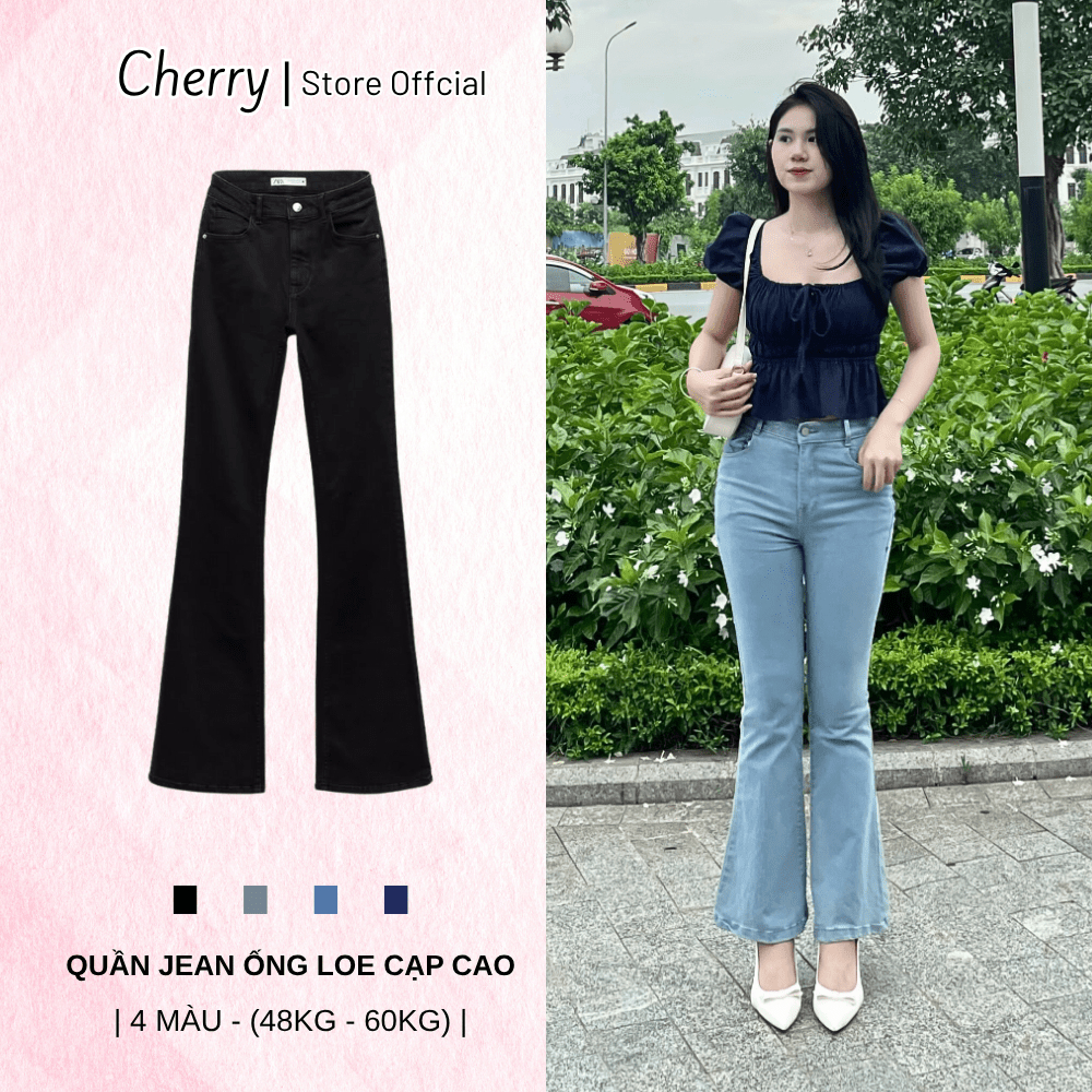 Quần Jean Ống Loe Nữ CHERRY Vải Bò Có Co Giãn Tốt Mặc Đẹp Tôn Dáng T023