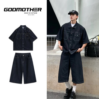 Set Quần Áo Denim GODMOTHER 2025 Đồ Bộ Nam Denim (Áo + Quần) Cộc Tay Form Rộng Trẻ Trung Cao Cấp
