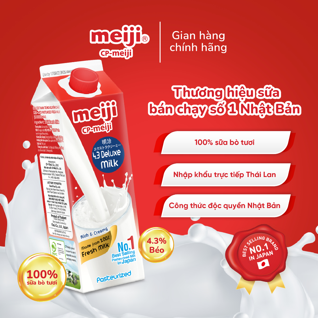 Sữa tươi thanh trùng Meiji Nhật, dòng cao cấp, Deluxe 4.3% hàm lượng béo tự nhiên 946ml