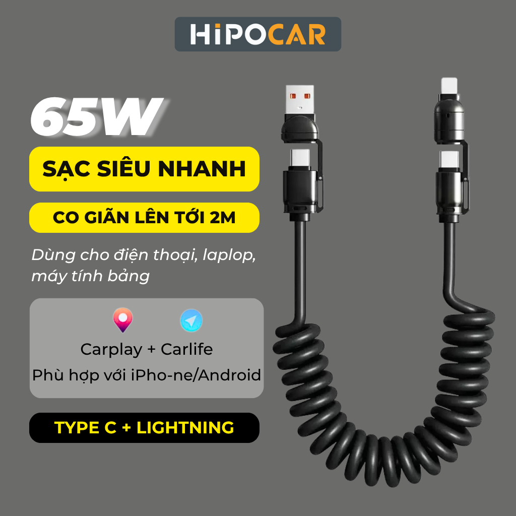 Cáp sạc nhanh lò xo kéo dài 2m, 4 trong 1 tiên lợi cho ô tô, PD C-L 27W, C-C 65W, truyền dữ liệu HipoCar