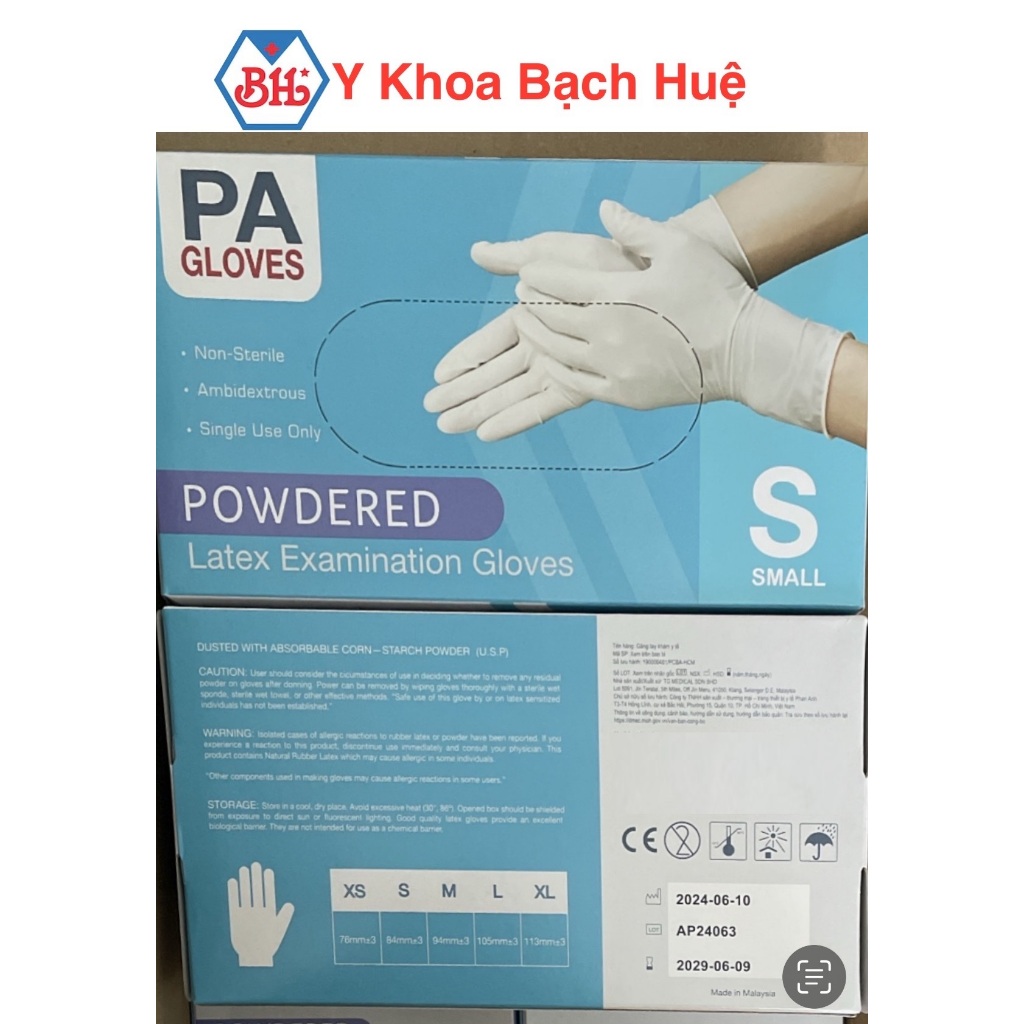 Hộp 50 đôi Găng tay cao su y tế latex có bột PA Gloves size S
