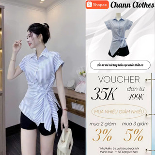 Áo sơ mi nữ tay hến vạt chéo thắt eo Chann Clothes, áo thun nữ chất thô mát kiểu dáng basic D1806