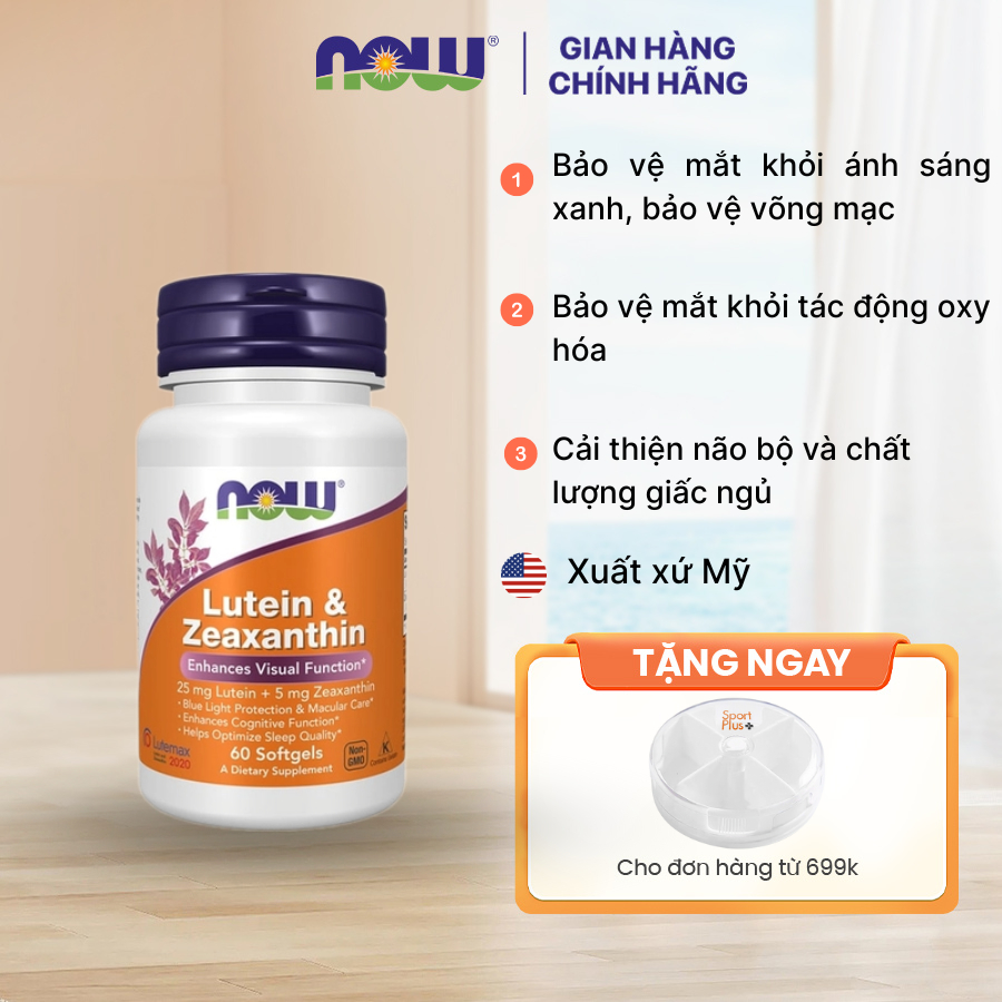 Viên bổ mắt chống ánh sáng xanh Lutein & Zeaxanthin Now (60 viên) giảm khô mỏi, tăng cường thị lực