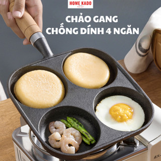 Chảo Gang Bếp Từ Chiên Trứng Ốp La 4 Ngăn Đúc Nguyên Khối Làm Bánh Xèo Tay Cầm Gỗ Dễ Vệ Sinh HomeKado