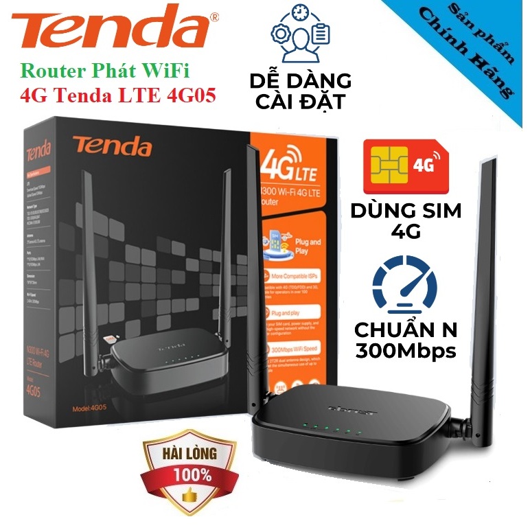 Bộ phát WiFi Router 4G Tenda 4G05 N300 Dùng Sim 4G LTE 300Mbps -Có 2 Anten ( 2 Cổng Lan )