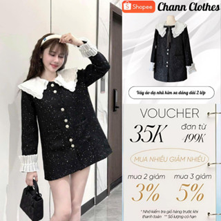 Váy áo dạ nhũ kim sa dáng dài 2 lớp phối cổ ren bèo thiết kế tay áo đính ngọc Chann Clothes HCOM3527