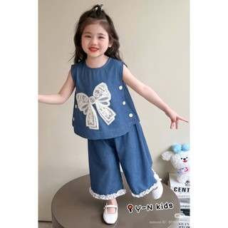  Sét áo jean nơ hoa mixx quần jean bèo xinh cho bé gái 