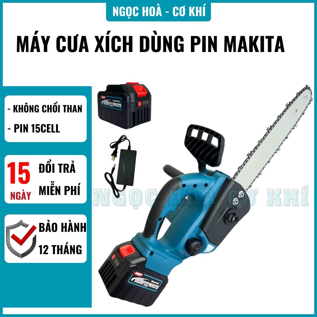 Máy cưa xích dùng pin máy cưa gỗ cầm tay MAKITA 199V KHÔNG CHỔI THAN pin 15cell bảo hành 12 tháng