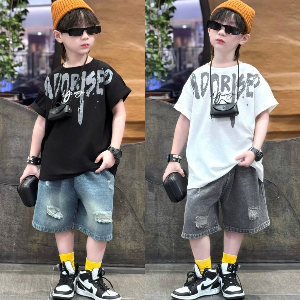  Set đồ bé trai ADD  2025 – Áo cotton 4 chiều  form rộng + quần short Jean rách phong cách |12-45kg| 