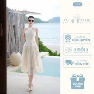 Váy Thiết Kế Nữ Cổ Yếm YAME Taffta Phối Tơ Óng Kèm Dây Hoa Rủ Dáng Dài Kem Sang Trọng Quyến Rũ Đi Biển - Maven YV694