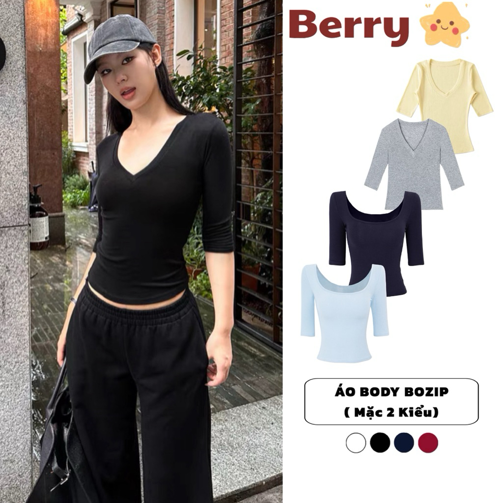 Áo Thun ( Mặc 2 Kiểu ) Lửng Tay Chất Cotton Zip Co Giãn, Mềm, Mịn, Dáng Trơn  ( Thun Trơn Lửng Tay Cổ Tròn- Cổ Tim ) | BigBuy360 - bigbuy360.vn
