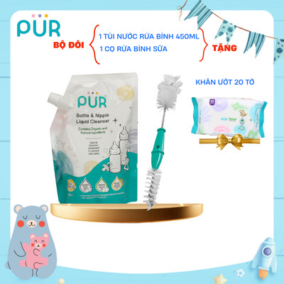 Bộ Đôi 1 Túi Nước Rửa Bình PUR , Núm Ti 450ml + 1 Dụng cụ rửa bình PUR tặng kèm 1 Bịch khăn ướt 20 tờ PUR