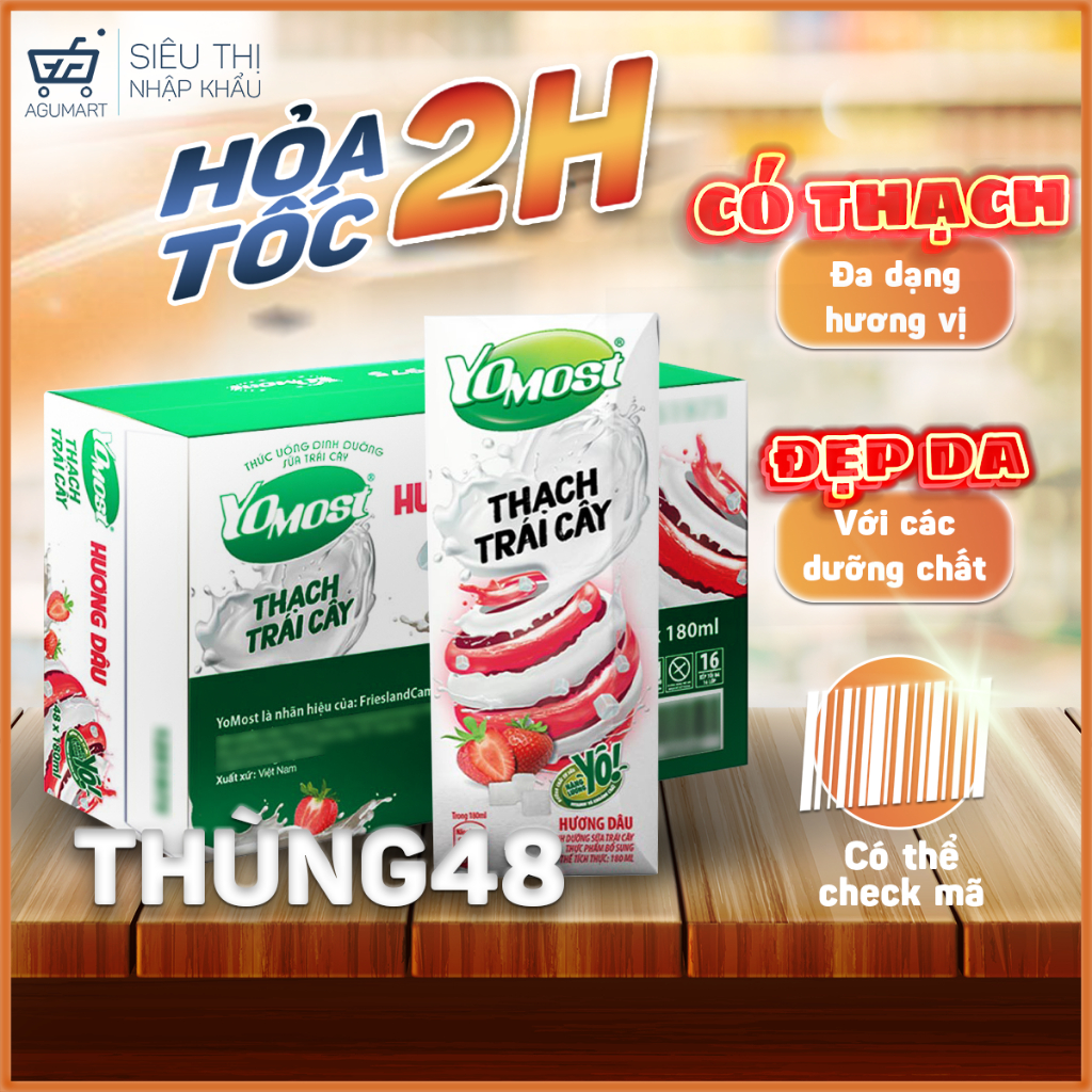 Thùng 48 Hộp Sữa Yomost Thạch vị Dâu 180ml thơm ngon giòn dai