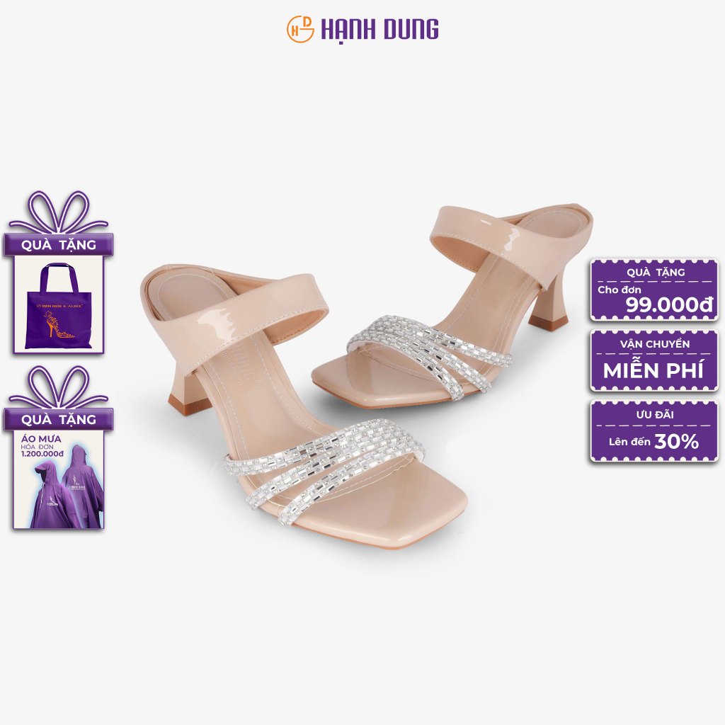 [HCM] Dép Cao Gót Hạnh Dung Quai Đính Đá HD0902AS ( Màu Đen - Kem - Trắng )