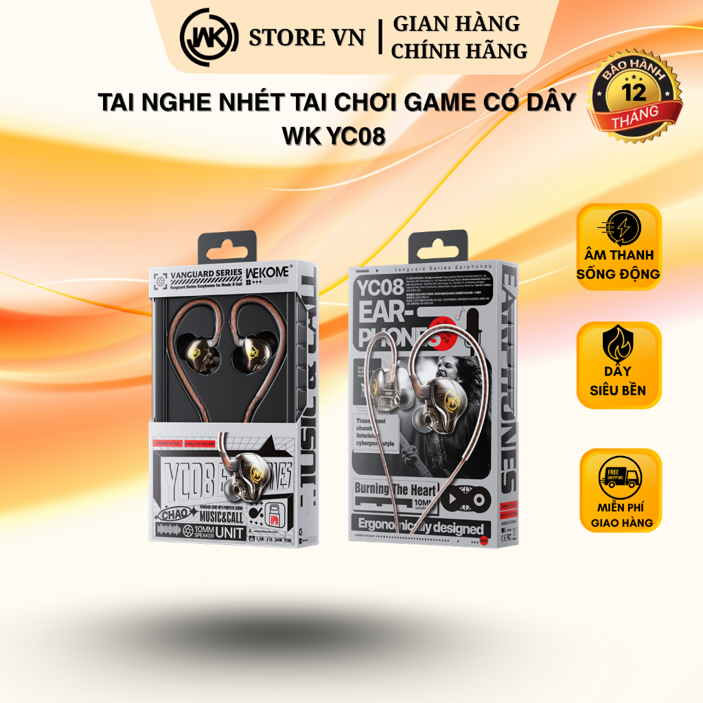 [CHÍNH HÃNG] Tai nghe nhét tai có dây WK YC08 Chống Ồn Cực Tốt, Âm Thanh Super Bass, Có Mic Nghe Nhạc Chơi Game