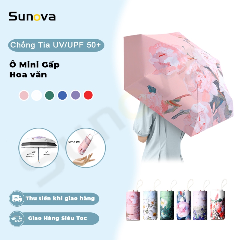 Ô gấp mini Che Mưa Dù Che Nắng Sunova Dù Mini Hình Tranh Hoa, Gấp Gọn Bỏ Túi, 8 Nan Thép Không Rỉ