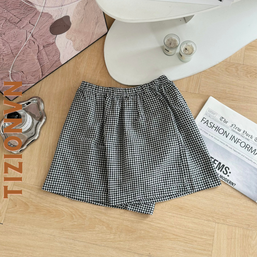 Quần đùi nữ Tizonvn, quần đùi nữ ống rộng vải đũi, vải linen mặc nhà ống rộng, vải caro đũi, kẻ sọc 