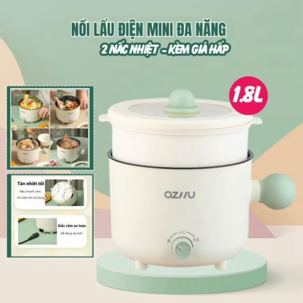 Nồi Lẩu Điện Mini 2 Tầng đa năng, Ca nấu mì Ozhu 2 nấc nhiệt dung tích 1.8L công suất 600W tặng kèm 