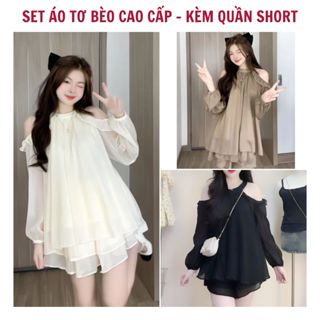 Set áo tơ bèo hở vai tiểu thư kèm quần short dáng xòe 2 lớp form freesize - Bs032