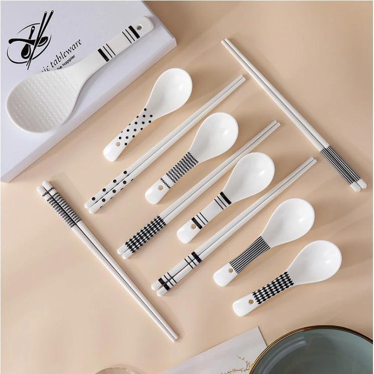 set 5 đôi đũa sứ + 5 thìa muỗng sứ kháng khuẩn chịu nhiệt sang trong lịch sự an toàn