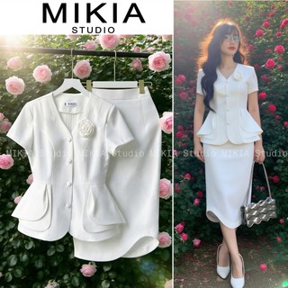  Set công sở nữ áo peplum mầu trắng  KÈM HOA CÀI  MIKIA STUDIO MK171 áo kiểu mùa xuân hè thoáng mát không nhăn áo ôm eo 