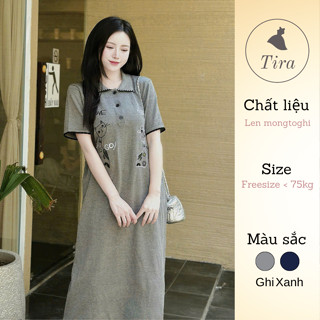 Váy len mongtoghi TIRA MAMA M201 Váy len bầu Váy suông công sở Váy polo viền cổ thêu mèo trẻ trung