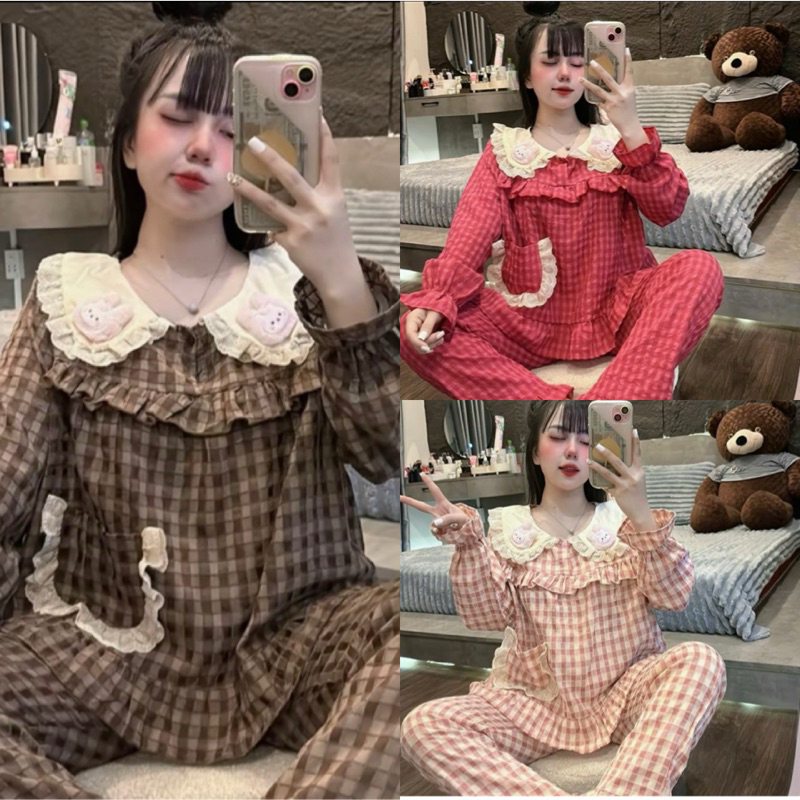 Bộ Ngủ Pijama Nữ Kẻ Cổ Trắng Kẻ