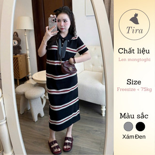 Váy len mongtoghi TIRA MAMA M196 Váy len bầu mặc thu đông Váy kẻ kèm khăn