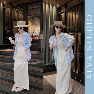   HÀNG ĐẸP ẢNH THẬT  SET BỘ 3 MÓN ÁO CHOÀNG SƠMI XANH KẺ SỌC THÊU NGỰA MIX CHÂN VÁY DÀI | ALVA STUDIO 