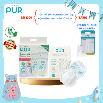 Bộ Đôi Túi trữ sữa PUR (Hộp 50 túi) + 1 Hộp Miếng Lót Thấm Sữa (Hộp 24 miếng) tặng 1 dụng cụ chải nướu răng PUR
