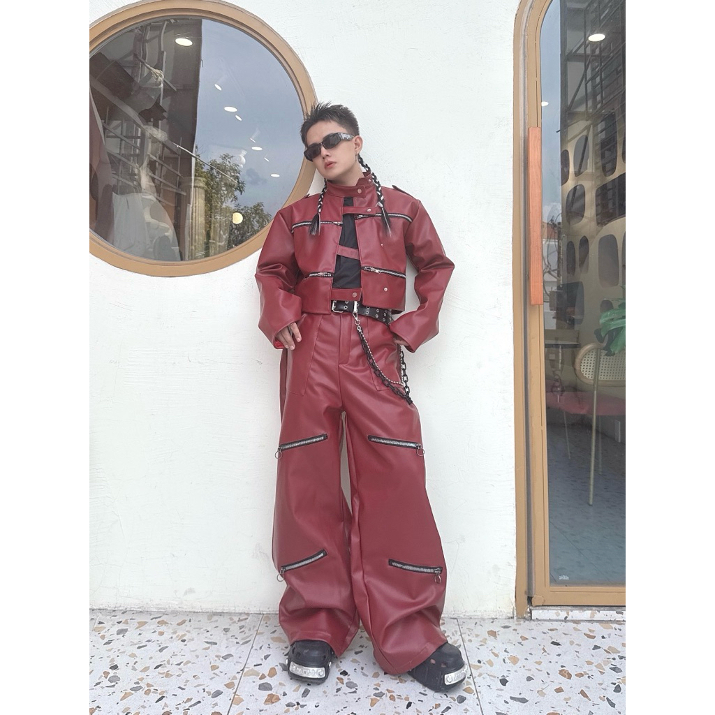 Set da đỏ đô :áo khoác da đỏ đô croptop zip + quần da đỏ zip ống rộng KELSHOP