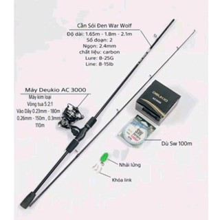  Combo cần câu lure sói đen máy đứng AC 3000  dù SW 100m  nhái hơi   3 khoá link 