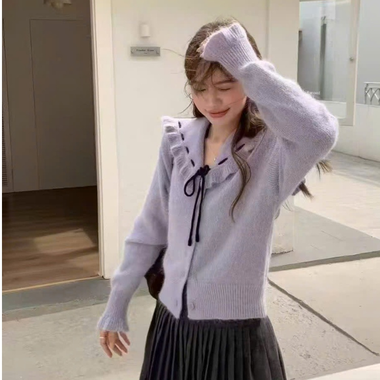 [15 NGÀY] Áo Cardigan Len Cổ Bèo Thắt Dây Chữ V Dễ Thương AO234 - Áo Khoác Nữ - Áo Len Dệt Kim Nữ Dà