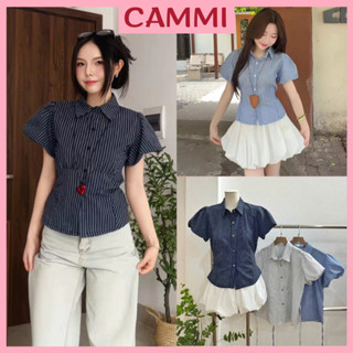 Áo Sơ Mi Nữ Ngắn Tay Bồng Cổ Đức Chiết Eo Dáng Lửng Chất Thô Kẻ Mềm Mát, Sơ Mi Nữ Kẻ Kiểu Hàn Quốc HA347