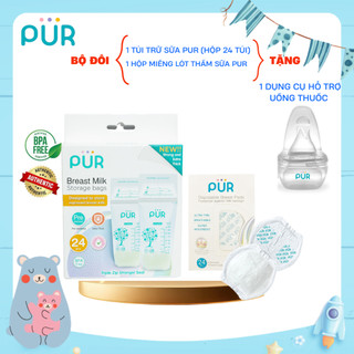 Bộ Đôi Túi trữ sữa PUR (Hộp 24 túi) + 1 Hộp Miếng Lót Thấm Sữa Pur (Hộp 24 Túi) tặng 1 Dụng cụ hỗ trợ uống thuốc Pur