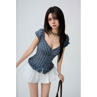 Áo caro xanh trễ vai tay bồng ôm eo vintage