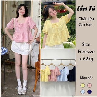  Áo Babydoll Cúc Dọc Cổ Vuông Tay Bồng Xếp Ly Nơ Cổ Lâm Tú MA3103 